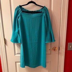 Trina Turk Teal Knot Off-Shoulder Dress